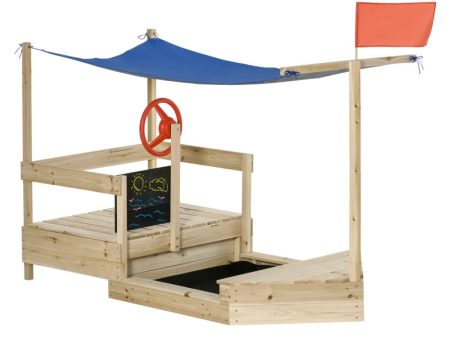 Kids Wooden Sandbox, Covered Children Sand boat Outdoor, Foldable Play Station, w  Flag, Canopy Shade, Bottom Liner, Blackboard Fashion