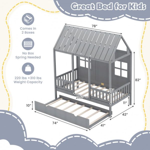 Twin Size Bed Frame House Bed with Trundle and 82 Inch Tall Roof Cheap