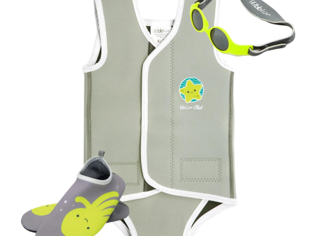 Solar Mini 2 Step Baby Sunglasses + Wrap Neoprene Baby Wetsuit (0-6m) + Shooz Neoprene Water Shoes (1-2years) - Grey and Neon on Sale