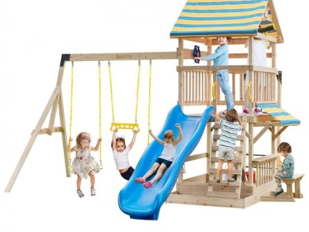 Wooden Swing Set with Large Upper Deck Slide and Steering Wheel For Sale