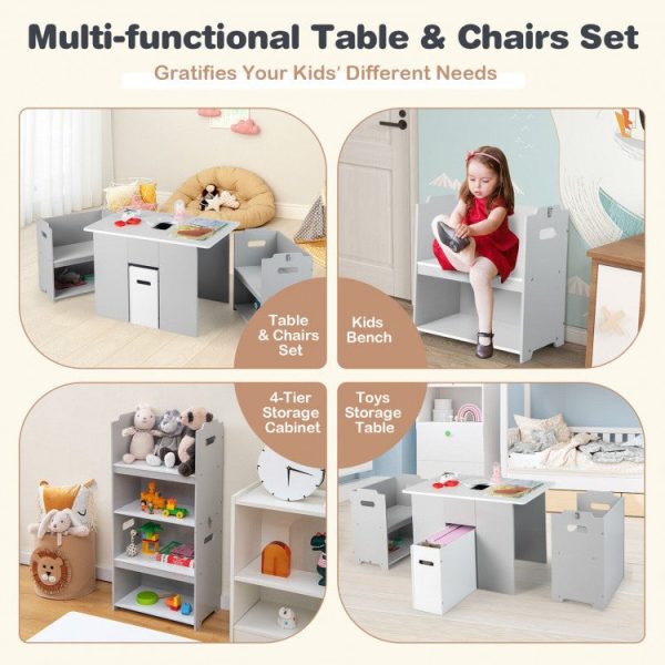 4-in-1 Kids Table and Chairs with Multiple Storage for Learning - Gray on Sale