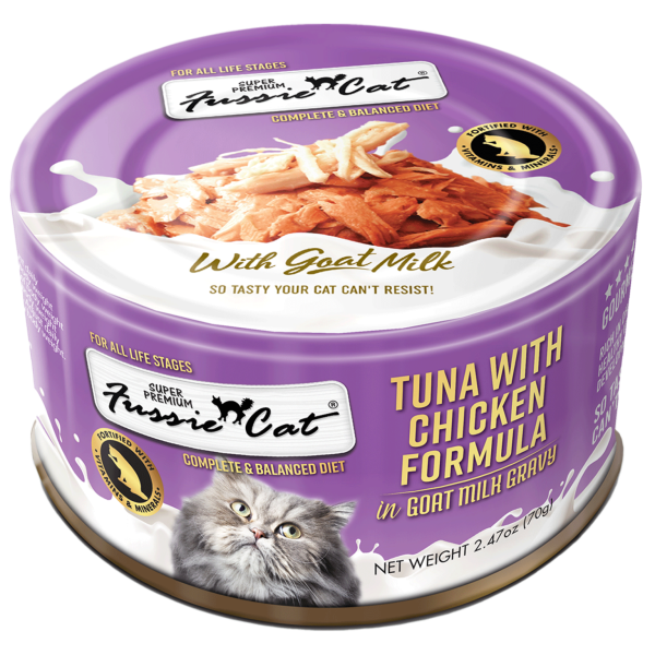 Fussie Cat Canned Tuna With Chicken & Goat Milk Gravy 2.47oz For Sale